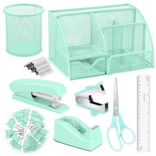 auroray Green Desk Organizers and Accessories, Teal Office Supplies Set Green Mesh Desk Organizer, Stapler, Tape Dispenser, 1000 Staples, Staple Remover, Pen Holder, Clips Set, Ruler, Scissors - color: Green