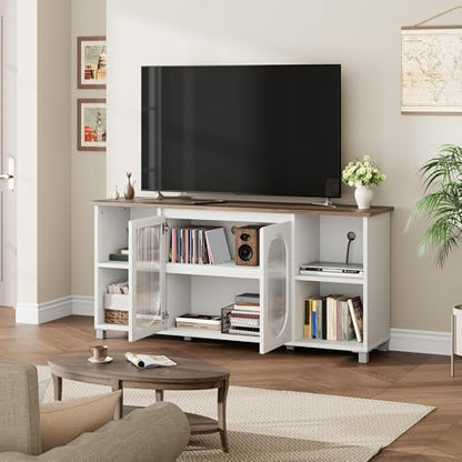 IDEALHOUSE TV Stand for 65" TVs with Fluted Glass Media Console, White | Media Storage Cabinet, Entertainment Center, Fluted Glass Doors, Open Display Shelves, Bedroom & Living Room - color: White