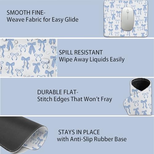 Mouse Pad for Desk with Stitched Edge, Premium Cute Washable Mouse Pads. Computer Mousepad with Non-Slip Rubber Base, Mousepads for Laptop, 9.25x7.75x0.12 inch (Blue Bows) - color: Blue Bows