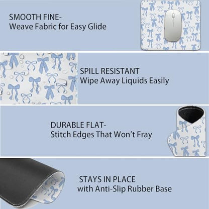 Mouse Pad for Desk with Stitched Edge, Premium Cute Washable Mouse Pads. Computer Mousepad with Non-Slip Rubber Base, Mousepads for Laptop, 9.25x7.75x0.12 inch (Blue Bows) - color: Blue Bows