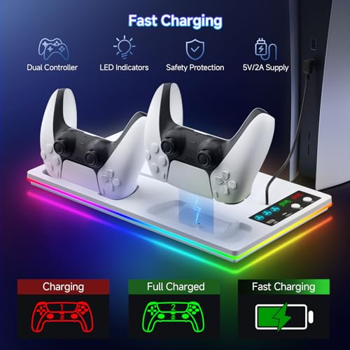 PS5 Cooling Station Stand RGB with Dual Controller Charging Station for PlayStation 5 Console, PS5 Accessories Incl. Controller Charger, Cooling Fan, Headset Holder, 3 USB Hub