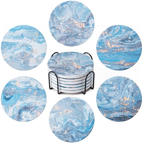 Hoewina 6Pcs Drink Coasters with Holder, Marble Style Ceramic Drink Coaster, Absorbent Coasters Set Suitable for Kinds of Cups, Modern Style Coaster for Coffee Table, 4 Inches（Style 9） - color: Style 9
