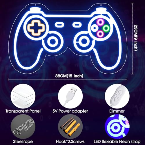 Gamer Neon Sign, Blue led neon lights with USB and Dimmer switch for boys room decor,Gaming neon sign for bedroom,man cave,wall decor,gamer decor - size: gamepad-blue