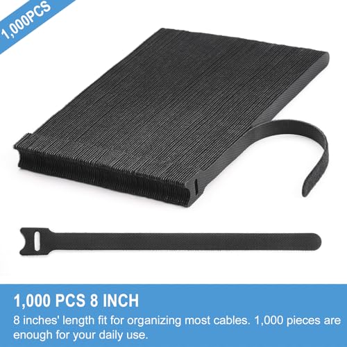 1,000 PCS 8 Inches Reusable Cable Ties | Adjustable Cord Wraps, Cable Straps | Hook & Loop Cord Organizer, Cable Management (100 PCS x 10 Packs) - size: 8 Inch 1000 Pcs