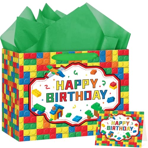 Hooqict Large Building Blocks Birthday Gift Bag Happy Birthday Gift Wrapping Bag with Handles, Tissue Paper, Greeting Card for Kids Boys Girls Building Bricks Theme Party Decorations Supplies - color: Building Blocks