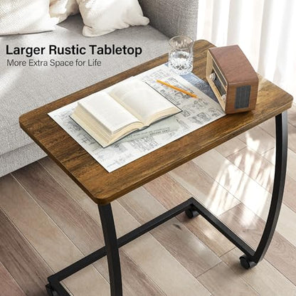 SRIWATANA Side Table, C-Shaped End Table with Rolling Wheels,Rustic Sofa Couch Table for Laptop Coffee Snack, Dark Walnut - color: Dark Walnut W/ Caster