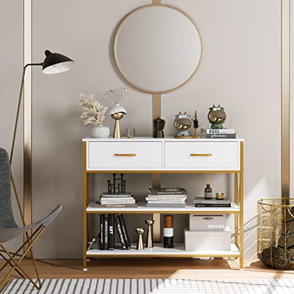 HITHOS Industrial Console Table with 2 Drawers, Narrow Long Entryway Table with 3-Tier Storage Shelves, Industrial Sofa Foyer Table for Living Room, Hallway, Entry Way, Foyer, Kitchen, White/Gold - size: 39.4"