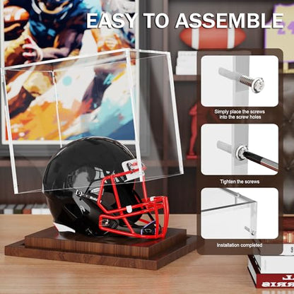 VGMiu Mini Helmet Display Case with Wood Base, Clear Acrylic Football Helmet Display Case Dustproof Box for Helmets, Sports Collectibles, Memorabilia Displays - size: Mini Helmet Case