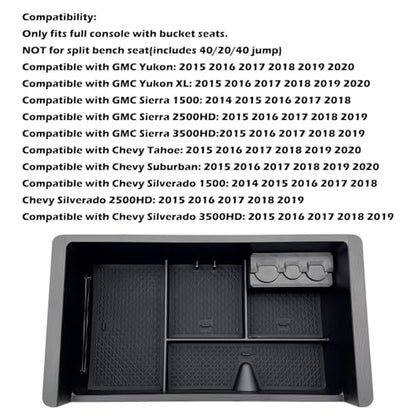 Center Console Organizer Tray Compatible with 2014-2018 GMC Sierra Accessories, (2015-2020) Yukon/Chevy Tahoe Silverado Suburban, Armrest Storage Box Replaces 22817343(Black) - color: Black