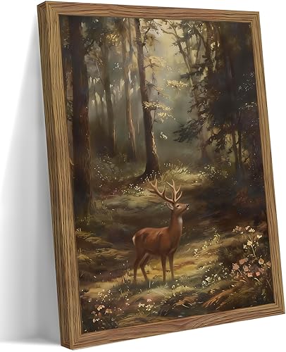 Forest Deer Wall Art Framed, Woodland Nature Animal Painting Print, Rustic Wildlife Wall Decor for Living Room Bedroom Cabin, Ready to Hang Wood Frame, 8x10Inch - color: senlinlu, size: 10"L x 8"W