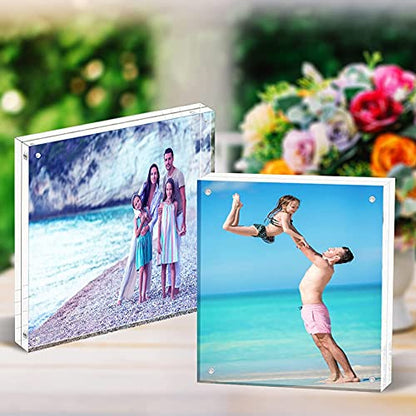 HELPLEX Acrylic Frames, 2 Pack 4x4 Frameless Clear Picture Frame, 20mm Thicker, Double Sided Magnetic, Free Standing Desktop Display - size: 4x4(2 PACK)