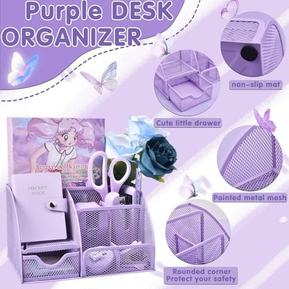 Purple Desk Accessories, 26Pcs Office Supplies and Desk Organizers, with Tape Dispenser, Stapler, Staple Remover Ect, Gift Box Packaging - color: Purple