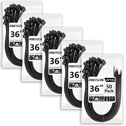 Large Zip Ties 36 inch (250 Pack), Long Zip Ties Heavy Duty with 250 lb Tensile Strength, Big Cable Ties, Black, by ANOSON - size: 36"/250 pk (250 Lb)