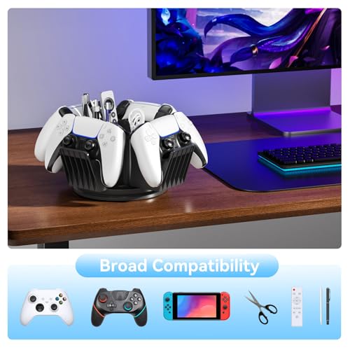 KDD Controller Organizer for Desktop - 360°Rotatable Controller Holder with Storage Box - Universal Stand for 4 Controllers, Desk Organizer for Switch Remote Control Pen Gamer Accessories