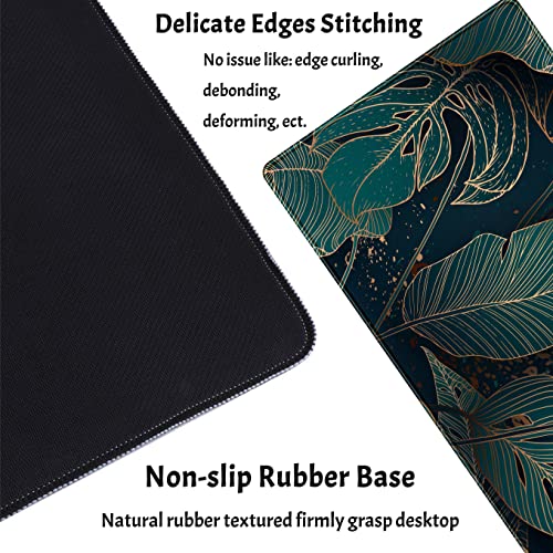 Desk Pad, Green Gold Palm Leaves Extended Gaming Mouse Pad Cute Large Desk Mat, Non-Slip Rubber Base Mousepad with Stitched Edges, Keyboard Mouse Mat Desk Pad for Game Office Home 31.5x15.75 in - color: Green Gold Palm Leaves