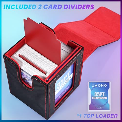UAONO Card Deck Box with MTG Commander Display, Deck Case Holds 100+ Double-Sleeved Cards, Trading Card Storage Box Fits TCG/PTCG/Sports Card with 2 Dividers, 1 Top Loaders (Black, Red) - color: A-Black&Red