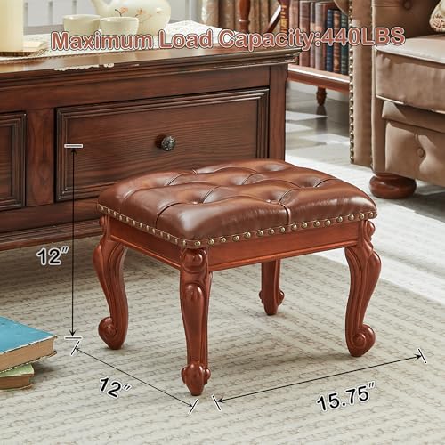 Foot Stools Ottoman, Small Vintage Leather Footstool for Living Room, Solid Wooden Ottoman Foot Rest,Shoe Change Bench at the Entrance (Reddish Brown) - color: Reddish Brown
