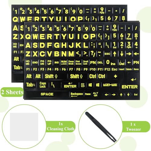 2PCS English Keyboard Stickers, Large Print Laptop Keyboard Stickers with Tweezers & Cloth, Replacement Big Bright Yellow Lettering for Sight Impaired, Alphabet Letter Sticker for Laptop PC Computer