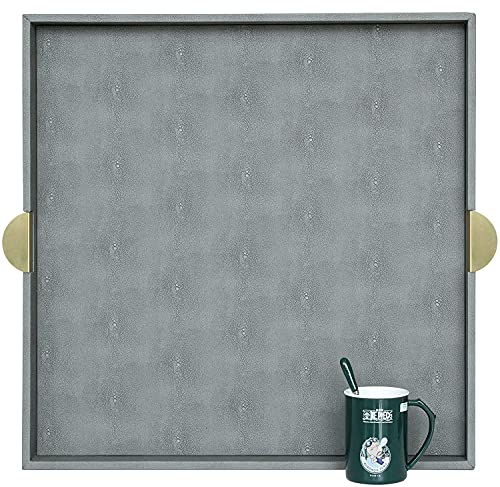 HofferRuffer Extra Large Square Serving Tray, Elegant Faux Leather Ottoman Tray with Gold Hardware Handles, Serve Tea, Coffee or Breakfast in Bed, 23.6 x 23.6 inches (Large Square) - color: Dark Grey, size: 23.6" x 23.6" x 2"