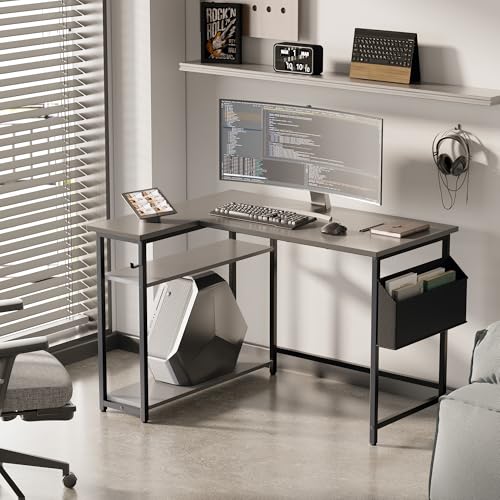 Pamray 40 Inch L Shaped Computer Desk with Reversible Side Storage Shelves, Small Corner Desk for Small Space Home Office, Writing Study Table PC Desk for Bedroom, Grey - color: Grey, size: 40 Inch