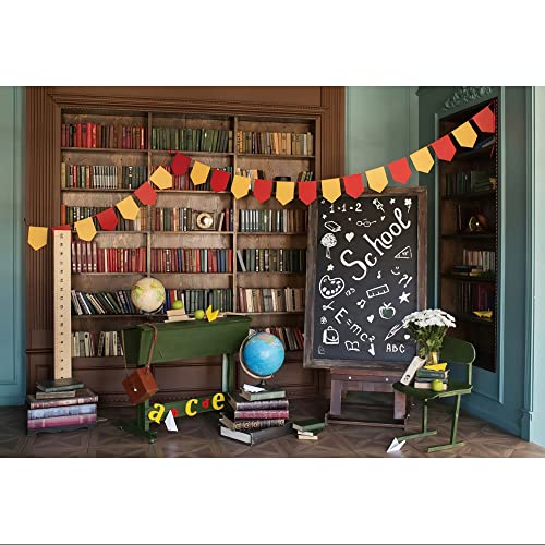 Laeacco 7x5ft Back to School Backdrop, Vintage Wooden Bookcase Blackboard Photography Background Globe Study Desk Books Backdrop for Online Class Supplies Kindergarten Classroom Decoration - size: 7x5ft