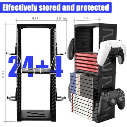 SIKEMAY Game Storage Tower for PS5/PS4/Xbox Series S & X - Universal Video Game Disc Organizer with 24 PCS Holders, 4 Controller Slots & Stand Rack Accessories - Black