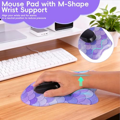 Mouse Pad with Wrist Rest Ergonomic Mouse Pad with Comfortable M-Shape Pain Relief Wrist Support Non-Slip PU Base Mousepad for Laptop, Office & Home (Purple Mermaid) - color: Purple Mermaid