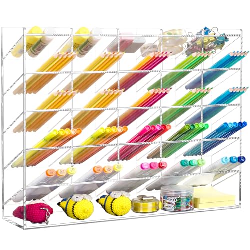 BEYGORM Acrylic Vertical Marker Organizer for 310 Markers with 26 Compartments, Clear Angled Pen & Pencil Holder, Large Desk Stationery & Art Supply Storage for Office & School (14.9 x 12.4 x 4 Inch) - color: Clear, size: For 310 Markers