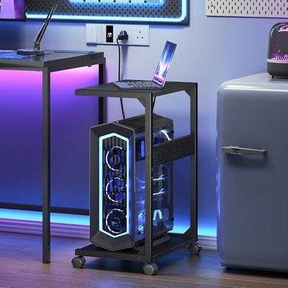 HOOBRO Computer Tower Stand, PC Stand with Charging Station, 2-Tier Under Desk CPU Holder with Lockable Wheels, PC Floor Cart Fits Most Computer Towers, for Home Office, Black BB01UCJ01G1 - color: Black
