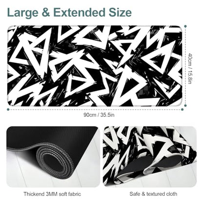 Geometric XXL Extended Gaming Mouse Pad 35.4 x 15.7 Inch – Large Desk Mat with Non-Slip Rubber Base, Smooth Cloth Surface, Stitched Edges, Black and White Abstract Design - color: #10, size: 35.4 x 15.7 Inch