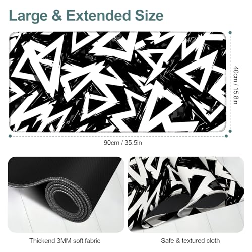 Geometric XXL Extended Gaming Mouse Pad 35.4 x 15.7 Inch – Large Desk Mat with Non-Slip Rubber Base, Smooth Cloth Surface, Stitched Edges, Black and White Abstract Design - color: #10, size: 35.4 x 15.7 Inch