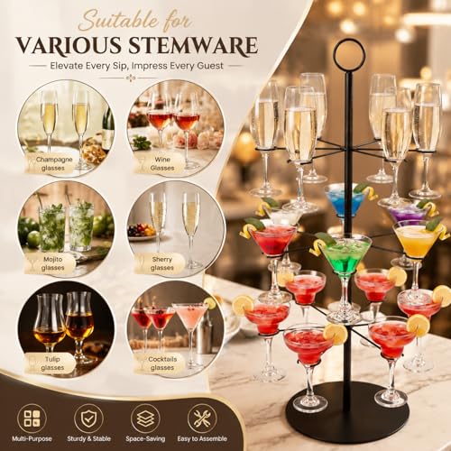 Cocktail Tree Stand for Drinks Wine Champagne Glass Tower for Parties, 3 Tiers 18 Holders Bar Wedding Metal Wine Glass Display Holder for Martinis Margarita Cups(Black,Round Bottom,1 Pcs) - color: Black