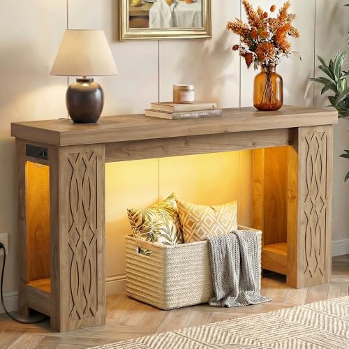 Cyclysio 47" Console Table with Outlet, Farmhouse Entryway Table with Colorful LED Lights, Wooden Sofa Table with Unique Carved Design, Foyer Accent Table for Entrance, Hallway, Living Room Natural - color: Natural, size: 47 Inch