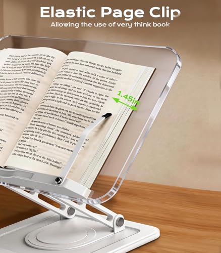 Book Stand for Reading, Adjustable Book Holder with 360°Rotating Bases, Ergonomic Cookbook Stand Recipe Book Holder with Elastic Page Clips for Magazines, Tablets, Laptops,Acrylic White - color: Acrylic White