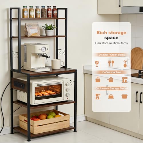 Luckyeestar 5 Tier Kitchen Bakers Rack with Power Outlet，25.2 Inch Metal Storage Shelf for Microwave, Coffee Bar, Spice Organizer, Freestanding Kitchen Cart with Hooks - size: 5-Tier 25.2 inches