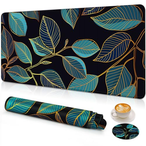 Large Gaming Mouse Pad with Coaster,Desk Matt for Desktop,Desk Mat-Leaves | Desk Pad,XXL Cute Desk Mat Cover for Computer Keyboard Laptop Women Office Home Decor, 31.5'' x15.6'' - color: C4-Leaves 3