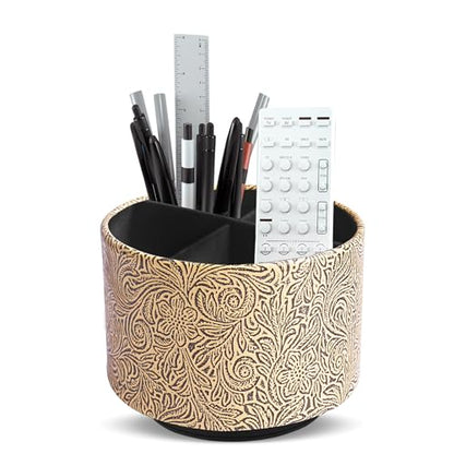lizimandu Round Leather Art Supply Organizer,Remote Control Holder,360 Degree Spinning,Multi-Functional Pencil Holder,4 Compartments Desktop Stationary Organizer(1-Yellow Black) - color: 1-Yellow Black