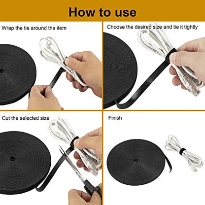 Xnakko 1cm Double Sided Hook and Loop Fastening Tape Reusable Cable Ties Nylon Fastening Tape Wire Manager for Home, Office (Black, 25Yard) - size: 3/8 in X 25 yd