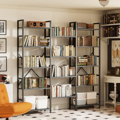 SUPERJARE Triple Bookshelf, Bookcase with 14 Open Display Shelves, Wide Book Shelf Book Case for Home & Office, 5 Tier, Grey - color: Grey, size: 5 Tier