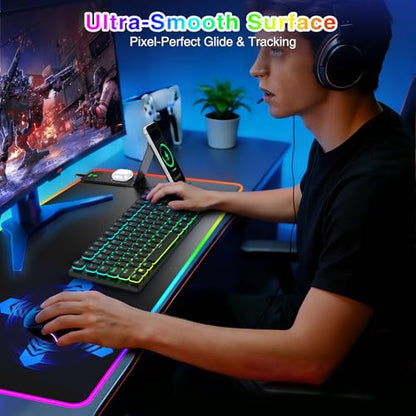 XXL RGB LED Gaming Mouse Pad with Magnetic Wireless Charging & Foldable Phone Holder, 31.5"x15.8" Extended Ultra-Smooth Desk Pad, 25 Lighting Effects, Non-Slip Base - color: RGB-31.5"x15.8"-Magnetic Stand-Right