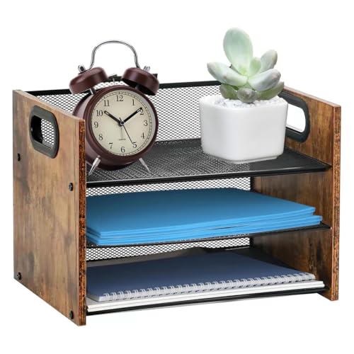 Desk Organizer - 3 Tier Wood & Metal Mesh Desktop Organizer for Office, Home, School, Workspace, Office Desk Organzier for Papers, Mail, Notebooks, Stationery - size: 3 Tier