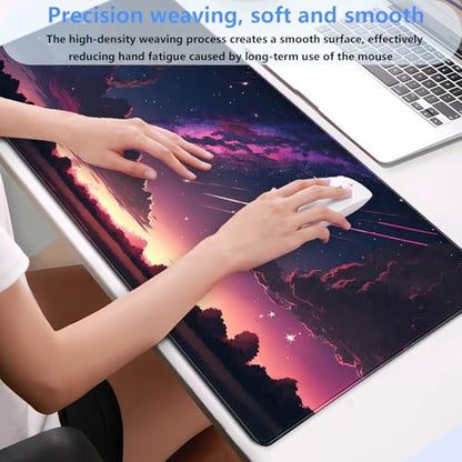 Anime Galaxy Desk Mat, Large Gaming Mouse Pad 31.5x15.7x0.12 in for Gamer | Thick 3mm comfort desk pad with vibrant anime starry night print, smooth fabric surface, and non-slip rubber backing. - color: Purple-sky