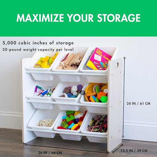 Humble Crew Toy Storage Organizer with 9 Removable Storage Bins for Kids Playroom, 3-Tier Toddler Toy Organization, Light Wood/White - color: White/White
