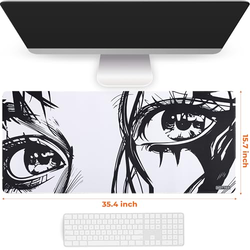 XXL Anime Eyes Gaming Mouse Pad - Manga Girl Black & White Desk Mat for Keyboard and Mouse - Non-Slip, Water-Resistant, Stitched Edges - 35.4x15.7 in (XX-Large) - color: Anime, size: 35.4L x 15.7W inches