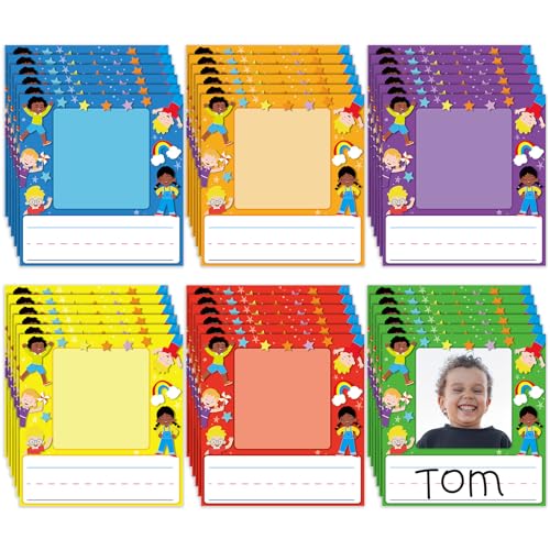 Feifeiya 36 Pcs Kids Photo Nameplates for Desk Kids Name Tags Labels Stickers with Photo Space Self-Adhesive Labels Bulletin Board Colorful Classroom Decoration for Desk Bins Cubbies Office (Kids) - style: Kids