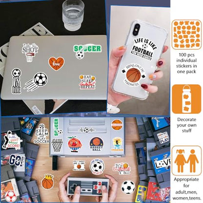 DETICKERS Soccer Stickers for Kids Boys Water Bottles 100PCS Basketball Decals Waterproof Vinyl Gifts for Boys Sports Stickers - style: Basketball & Soccer