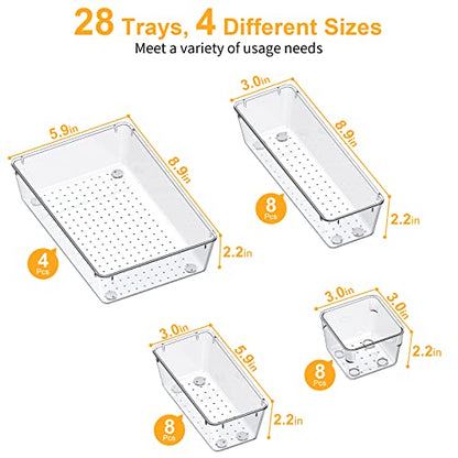 SMARTAKE 28 Piece Drawer Organizers with Non-Slip Silicone Pads, 4-Size Desk Drawer Organizer Trays Storage Tray for Makeup, Jewelries, Utensils in Bedroom Dresser, Office and Kitchen, Clear - size: 28 PCS
