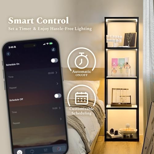 Glass Display Shelf with Remote/APP Control, Curio Cabinet for Collectibles with Light, Modern Shelf Floor Lamp with Adjustable Color Temps for Living Room, Bedroom