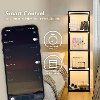 Glass Display Shelf with Remote/APP Control, Curio Cabinet for Collectibles with Light, Modern Shelf Floor Lamp with Adjustable Color Temps for Living Room, Bedroom