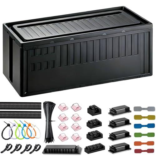 Cable Box - [142Pcs] Cable Management Kit, Medium Cord Hider Box to Conceal Power Strip Holder on Desk or Floor, Under Desk Cable Management Kit Cable Organizer Box, TV Cord Organizer Box, Black